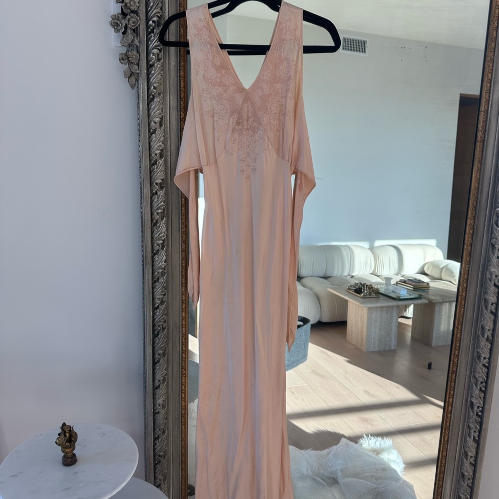 1940s antique silk pink nightgown slip dress S embroidered vintage blush pink